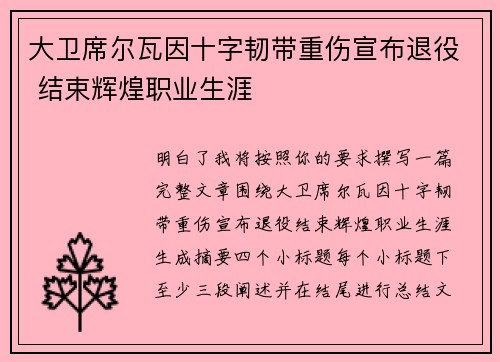 大卫席尔瓦因十字韧带重伤宣布退役 结束辉煌职业生涯